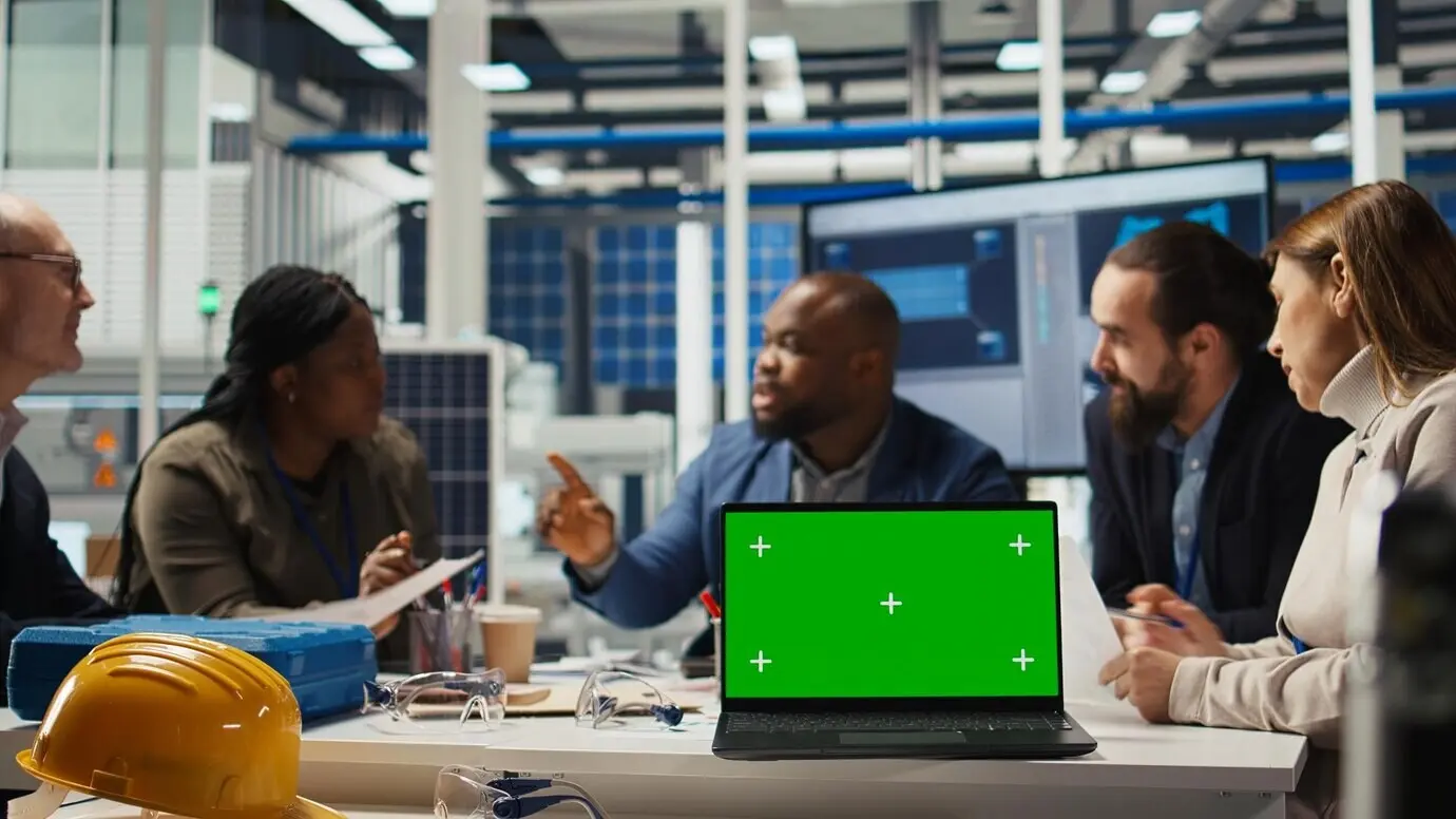 Fabrikingenieure, die einen Laptop mit grünem Bildschirm verwenden, um die Energieproduktion zu erhöhen.